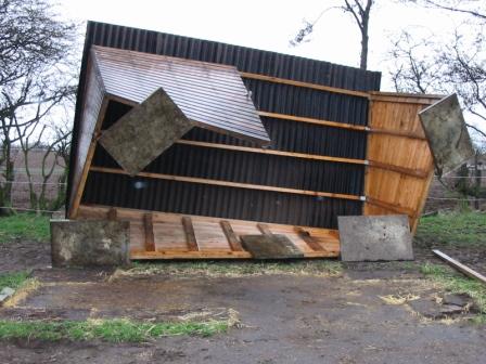 Wind damage to non-steel building temporary microlight hanger