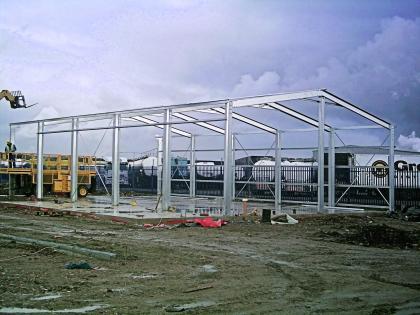 Steel frame erected after groundworks have been completed